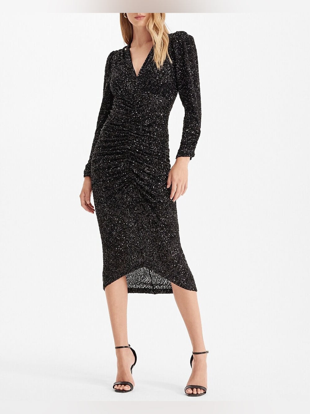 Express Women’s Black Sequin Long Sleeve V-Neck Ruched Midi Dress Size S NWT
